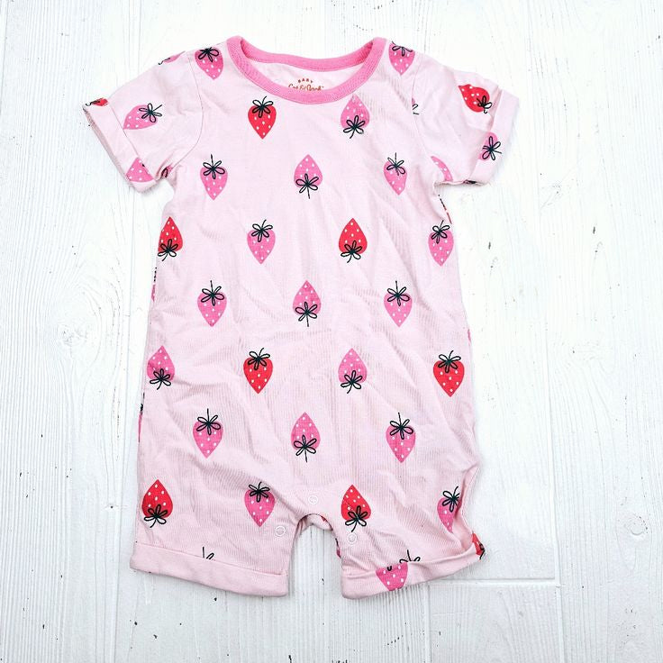 (Custom Design Preorder MOQ 5) Pink Strawberry Print Baby Girls Summer Romper