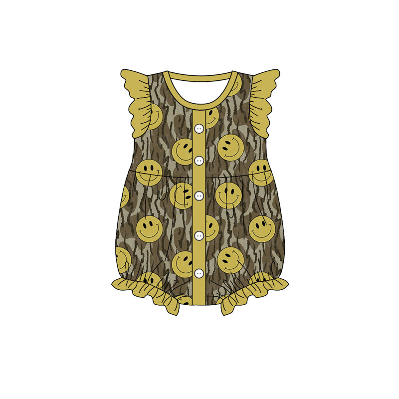 (Custom Design Preorder MOQ 5) Camo Smiling Print Baby Girls Summer Romper