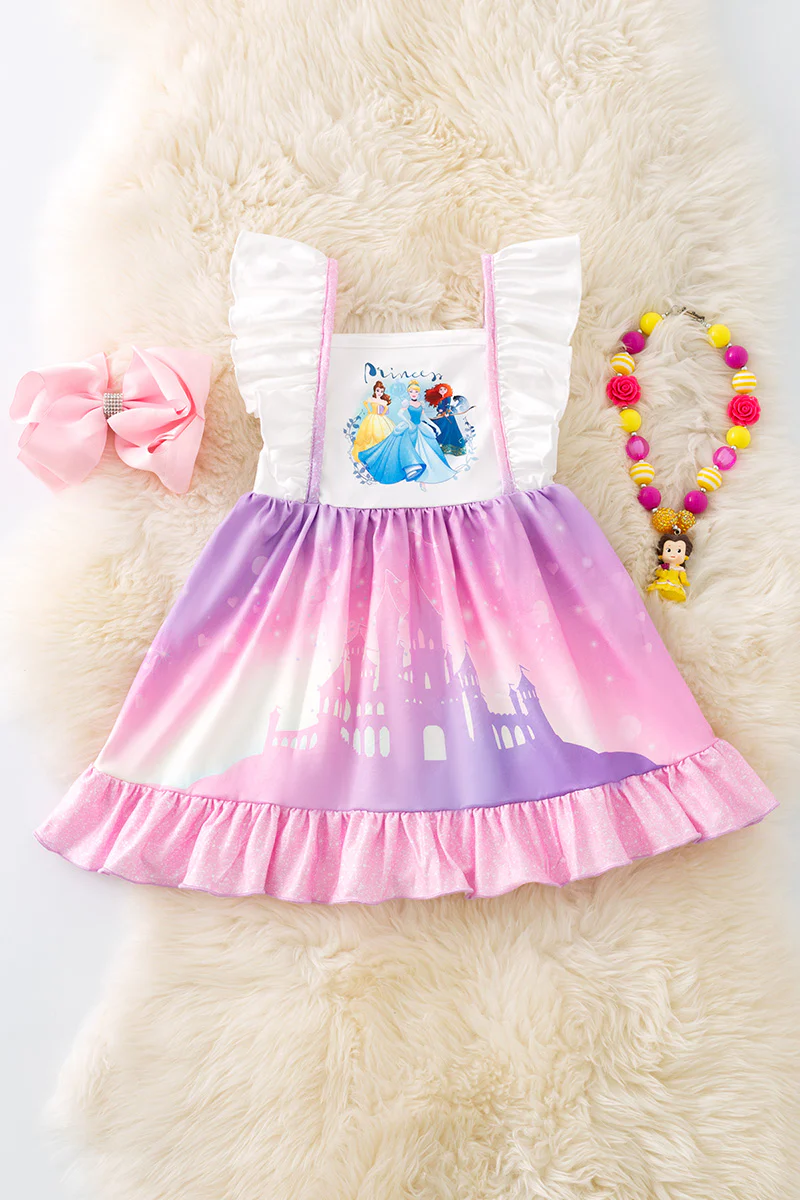 (Custom Design Preorder MOQ 5) Cartoon Princess Pink Print Girls Summer Knee Length Dress