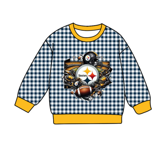 (Custom Design Preorder MOQ 5 Each Item) Team's Steelers Plaid Print Long Sleeve Tee Shirts Top Mom and Me Matching Clothes