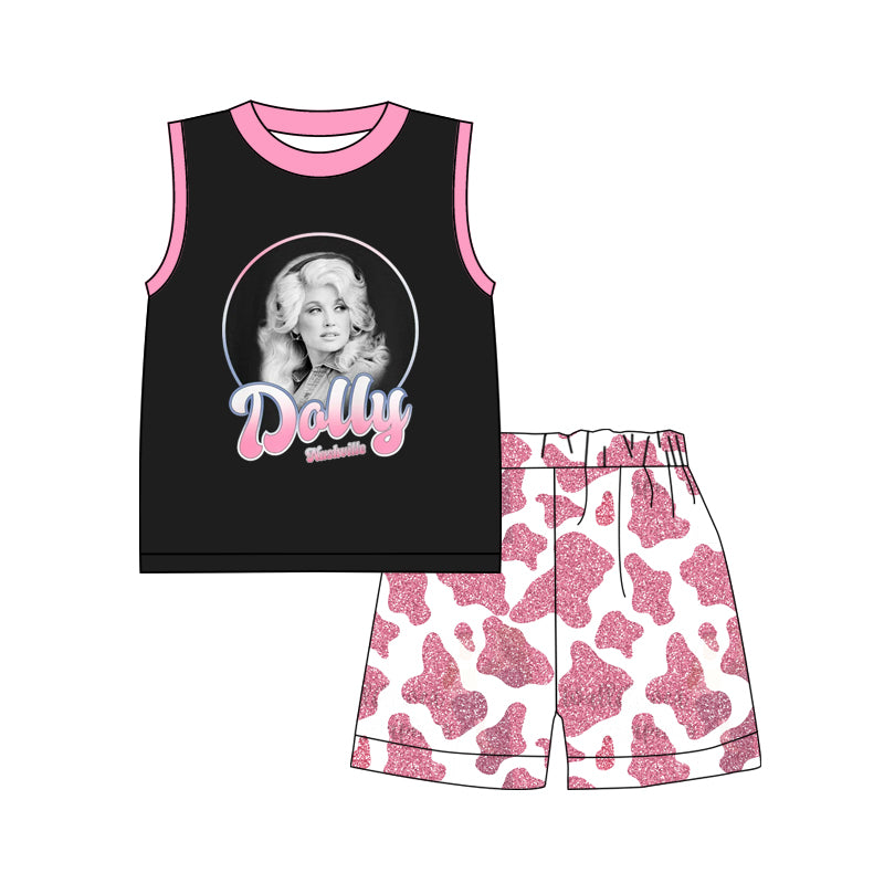 (Custom Design Preorder MOQ 5) Singer Dolly Top Pink Cowhide Shorts Girls Summer Clothes Set