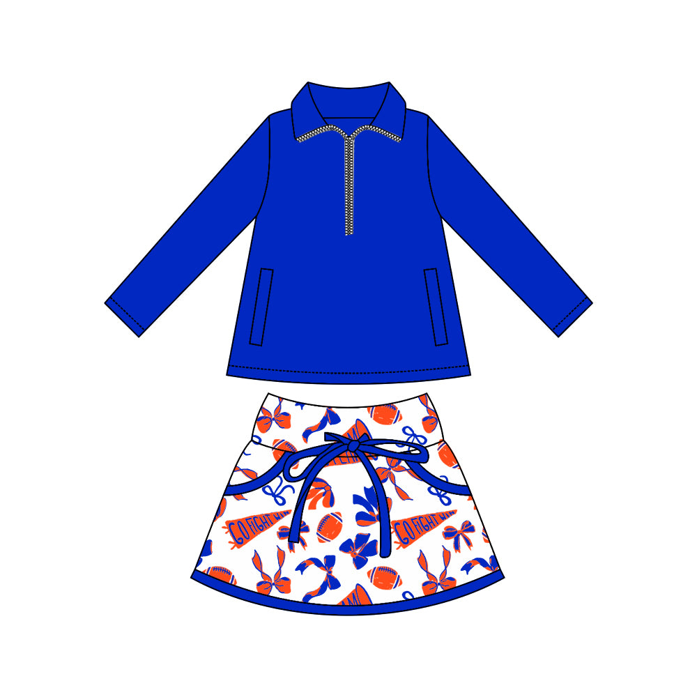 (Custom Design Preorder MOQ 5) Blue Zipper Pullover Top Team's Cheer Bows Skirts Girls Clothes Sets