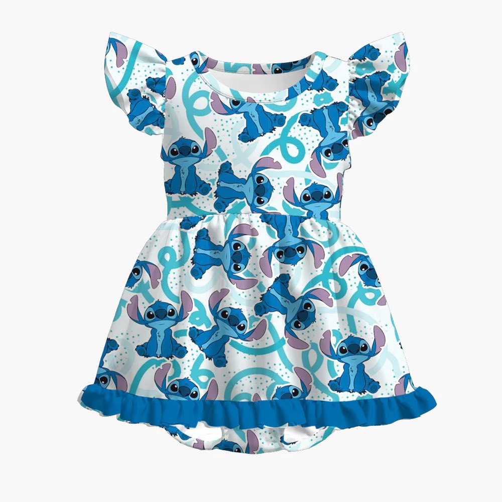 (Custom Design Preorder MOQ 5) Cartoon Stitc* Print Baby Girls Summer Skirted Romper