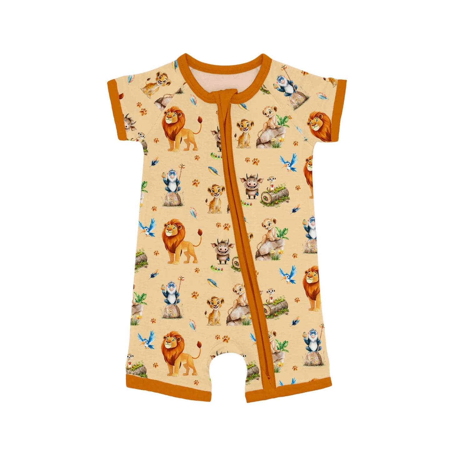 (Custom Design Preorder MOQ 5) Cartoon Lion Orange Print Baby Summer Sleeper Zipper Romper