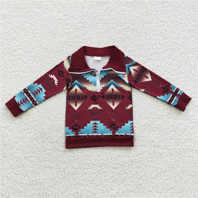 4 Colors Boys Long Sleeve Aztec Print Western Zipper Pullover Top