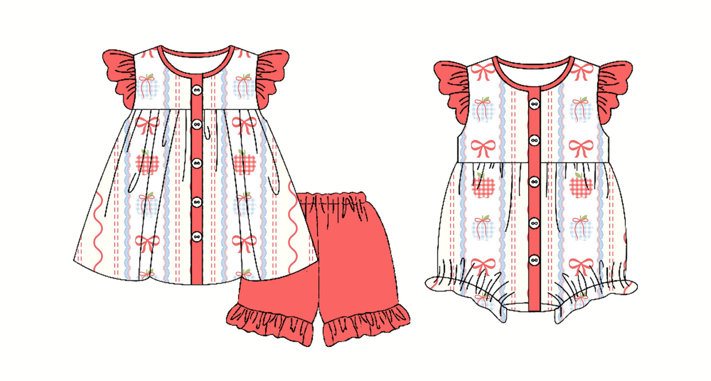 2.22(Custom Design Preorder MOQ 5 Each Design) Apple Bows Print Girls Back to School Matching Clothes Sisters Wear