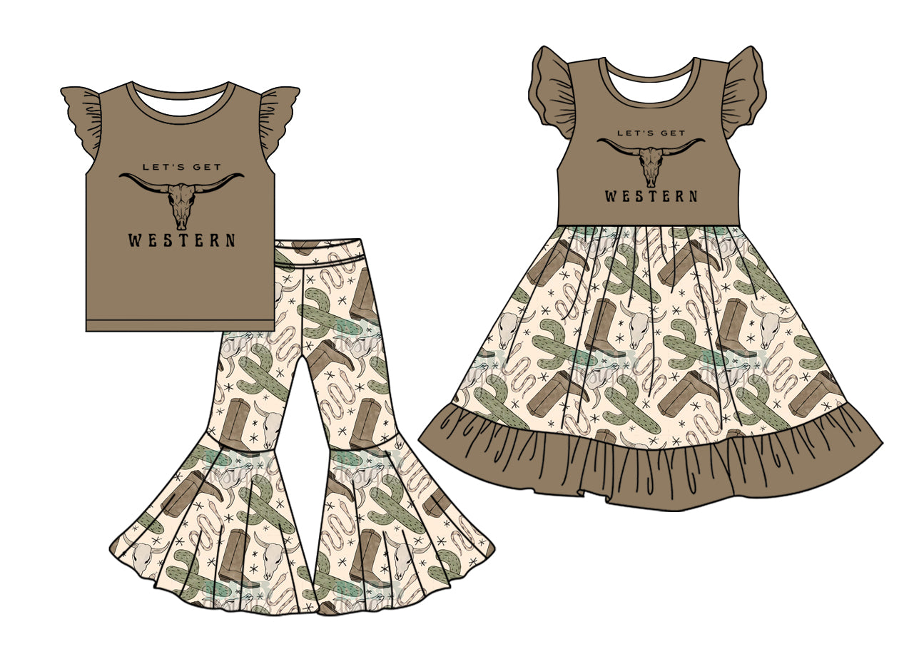 5.2(Custom Design Preorder MOQ 5 Each Design) Cow Skull Western Print Girls Matching Clothes Sisters Wear
