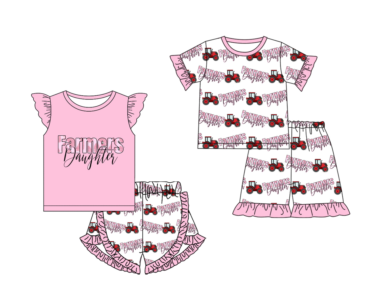 12.11(Custom Design Preorder MOQ 5 Each Design) FARMERS Pink Print Girls Summer Matching Clothes Sisters Wear