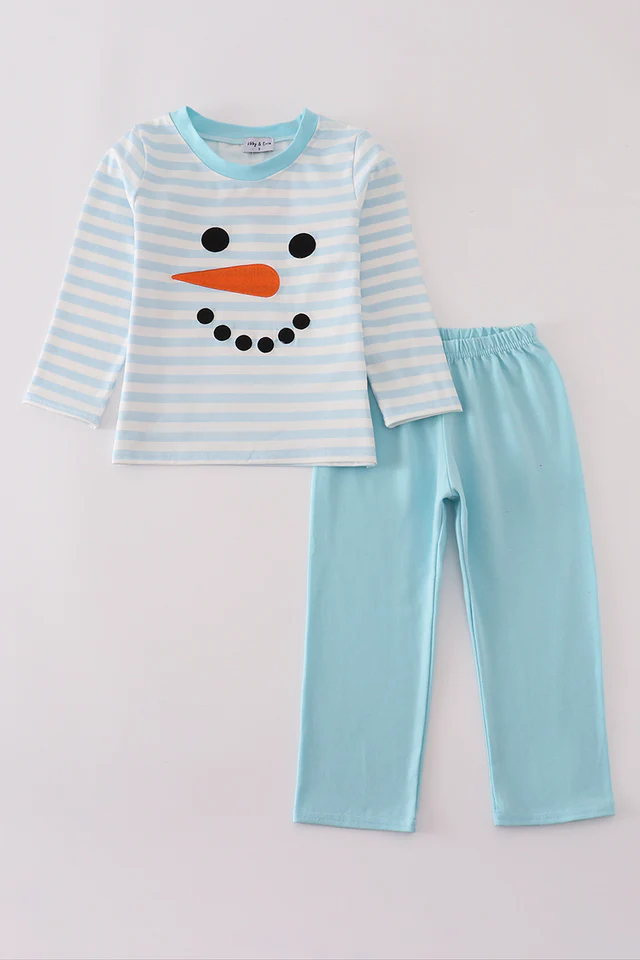 (Custom Design Preorder MOQ 5) Snowman Stripes Top Blue Pants Boys Clothes Set