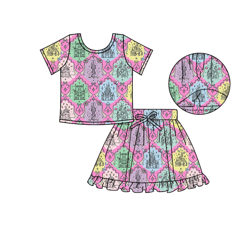 (Custom Design Preorder MOQ 5) Cartoon Castle Top Skirts Shorts Girls Summer Clothes Set