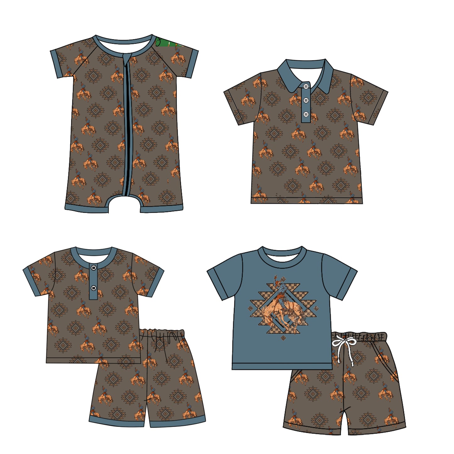 1.4(Custom Design Preorder MOQ 5 Each Design) Aztec Rodeo Print Boys Summer Western Matching Clothes Brothers Wear
