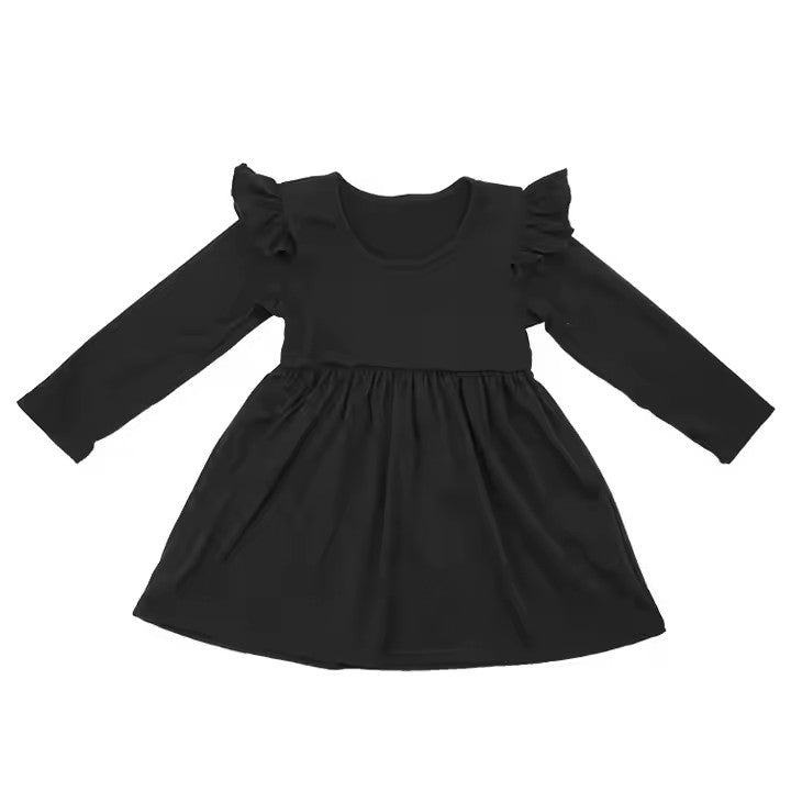 (Custom Design Preorder MOQ 5) Black Color Girls Long Sleeve Knee Length Dress