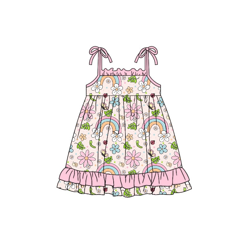 (Custom Design Preorder MOQ 5) Pink Flowers Rainbow Print Girls Knee Length Summer Strap Dress