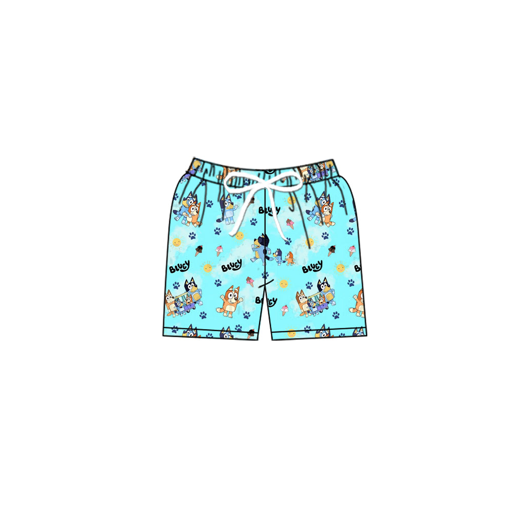 (Custom Design Preorder MOQ 5) Cartoon Dog Blue Print Boys Swim Trunks