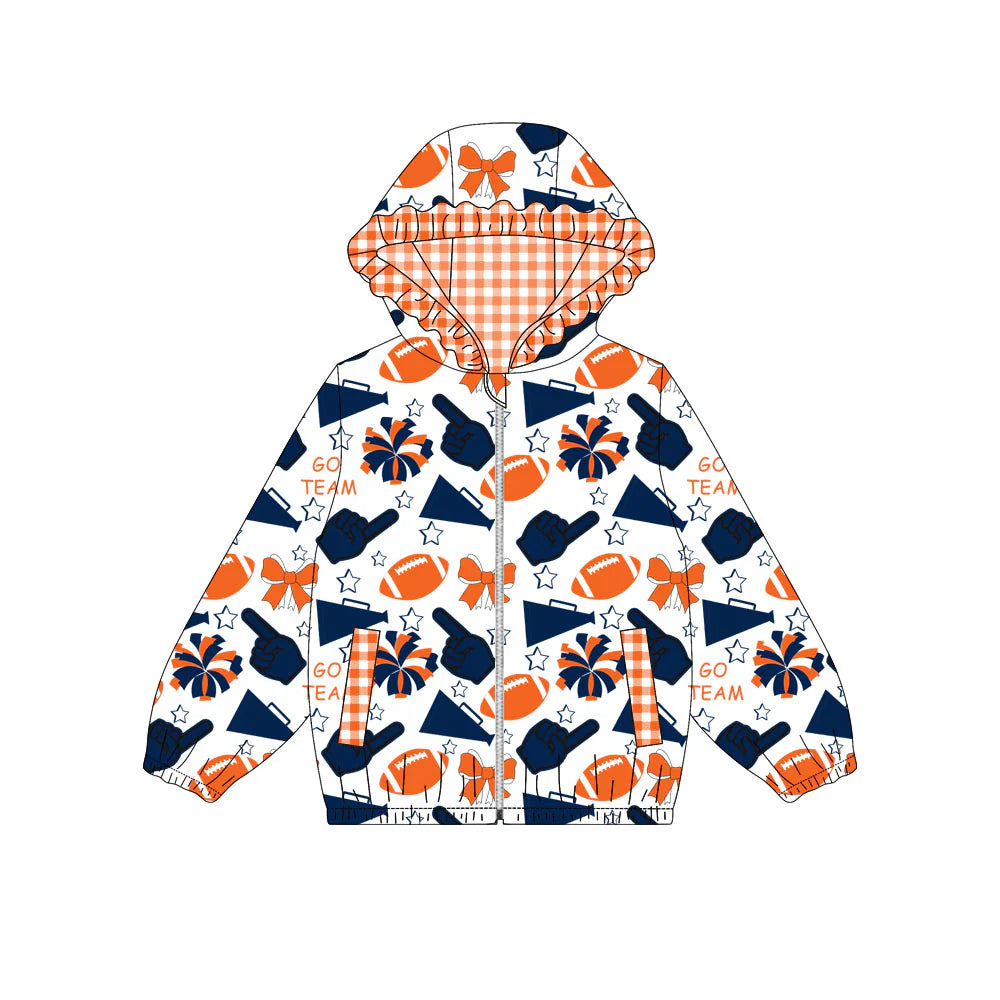 (Custom Design Preorder MOQ 5) Navy Orange Go Team Cheer Bows Print Pockets Girls Long Sleeve Zipper Jackets Top
