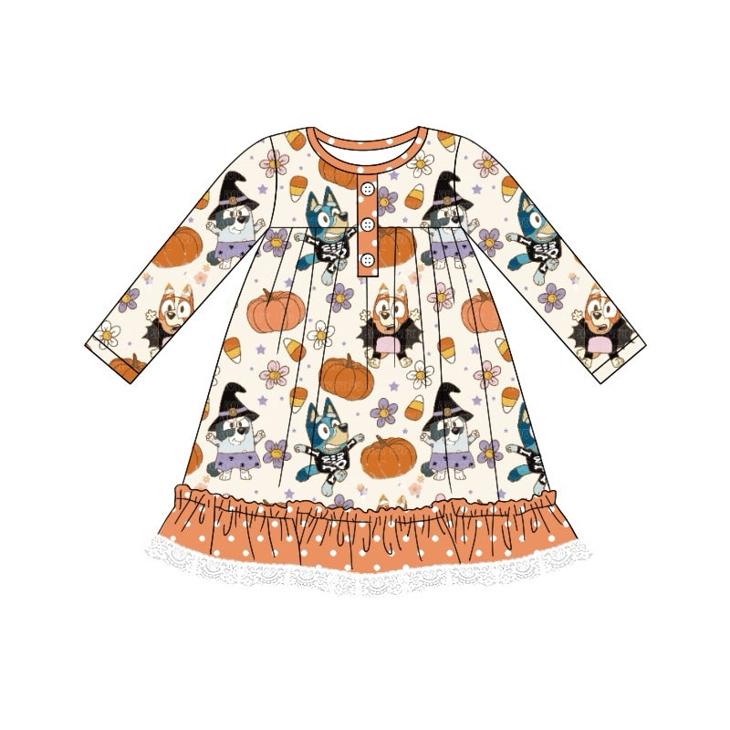 (Custom Design Preorder MOQ 5) Cartoon Dog Pumpkin Candy Print Girls Knee Length Halloween Dress