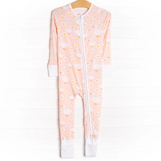 (Custom Design Preorder MOQ 20)  Goose Daisy Print Baby Girls Fall Bamboo Sleeper Zipper Romper