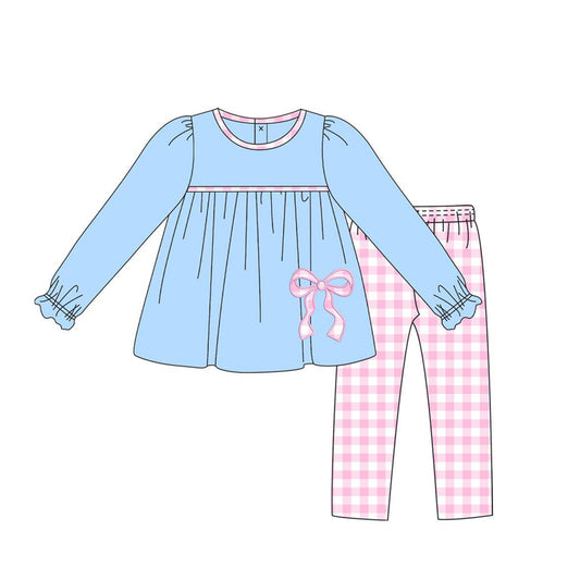 (Custom Design Preorder MOQ 5) Pink Bow Tunic Top Plaid Pants Girls Fall Clothes Set