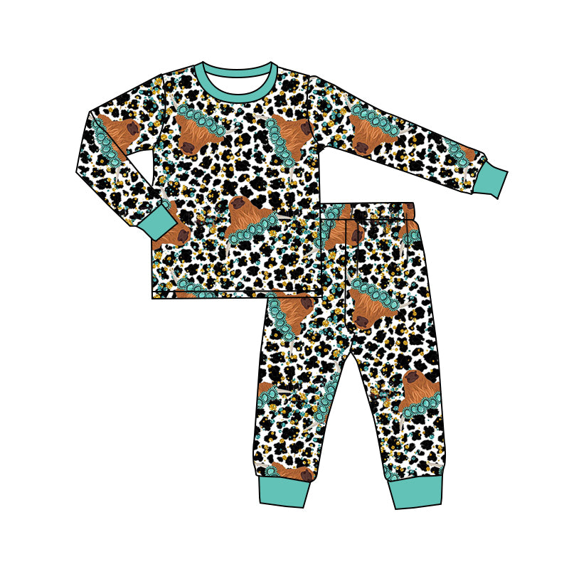 (Custom Design Preorder MOQ 20) Highland Cow Turquoise Leopard Print Girls Western Pajamas Bamboo Clothes Set