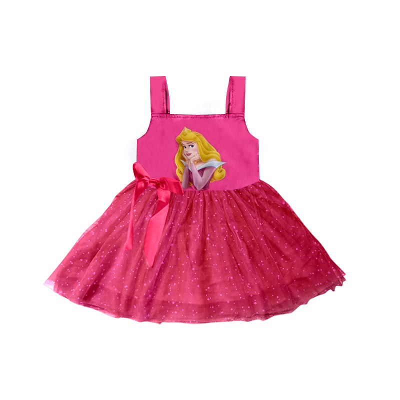 (Custom Design Preorder MOQ 5) Cartoon Princess Hot Pink Print Girls Knee Length Summer Tulle Dress
