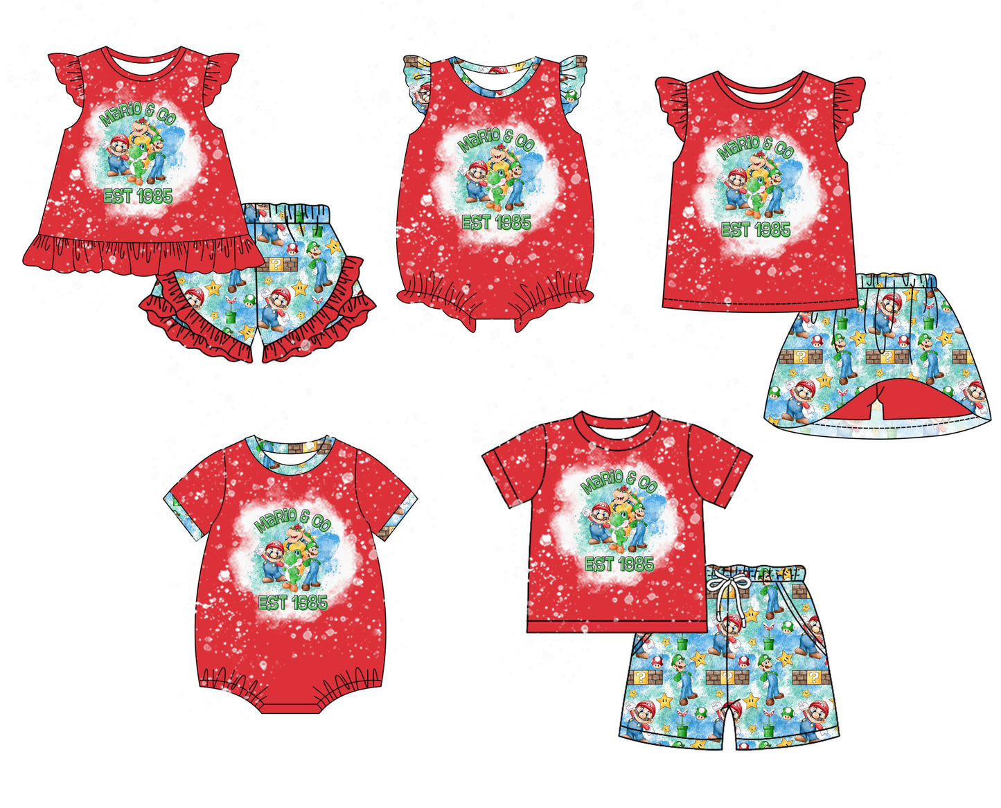 11.30(Custom Design Preorder MOQ 5 Each Design) Cartoon Games Mari* Red Print Girls Matching Clothes Sisters Wear