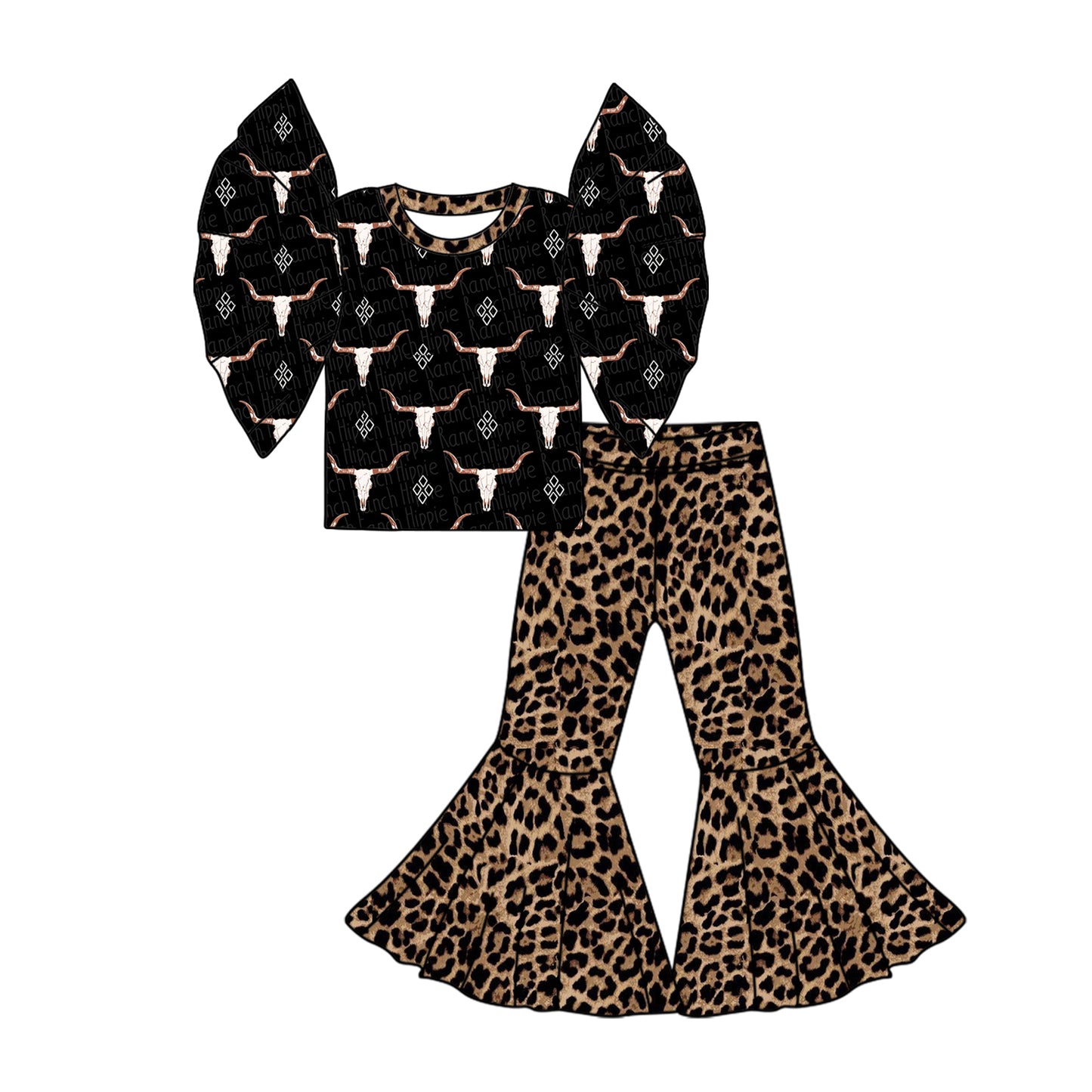 2.24(Custom Design Preorder MOQ 5) Cow Skull Black Top Leopard Bell Pants Girls Western Clothes Set