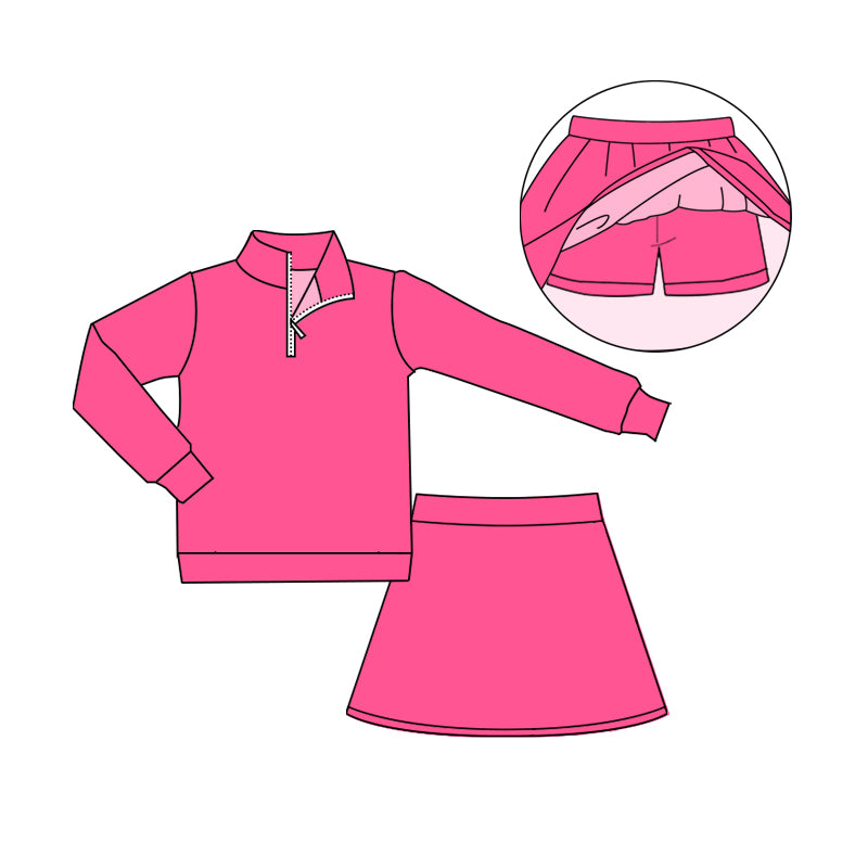 (Custom Design Preorder MOQ 5) Pink Color Zip Top Shorts Skirts Girls Yoga Clothes Set