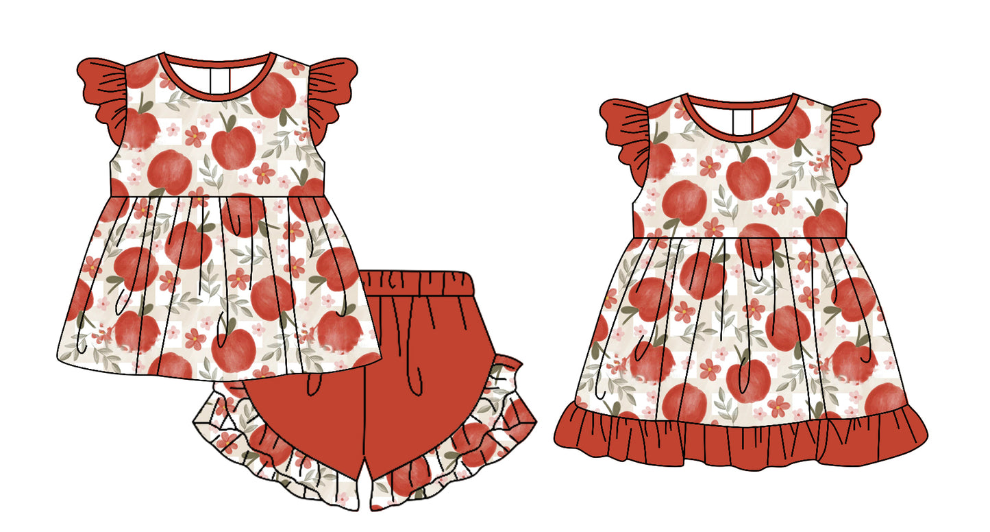 12.23 (Custom Design Preorder MOQ 5 Each Design) Apple Flowers Print Girls Summer Matching Clothes Sisters Wear