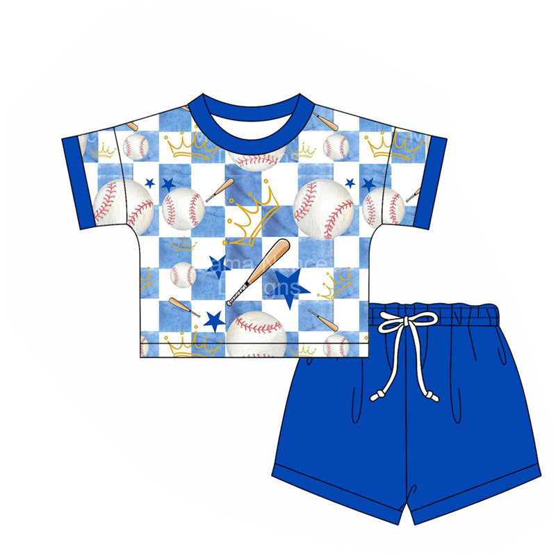 2.24(Custom Design Preorder MOQ 5) Baseball Top Blue Shorts Boys Summer Clothes Set