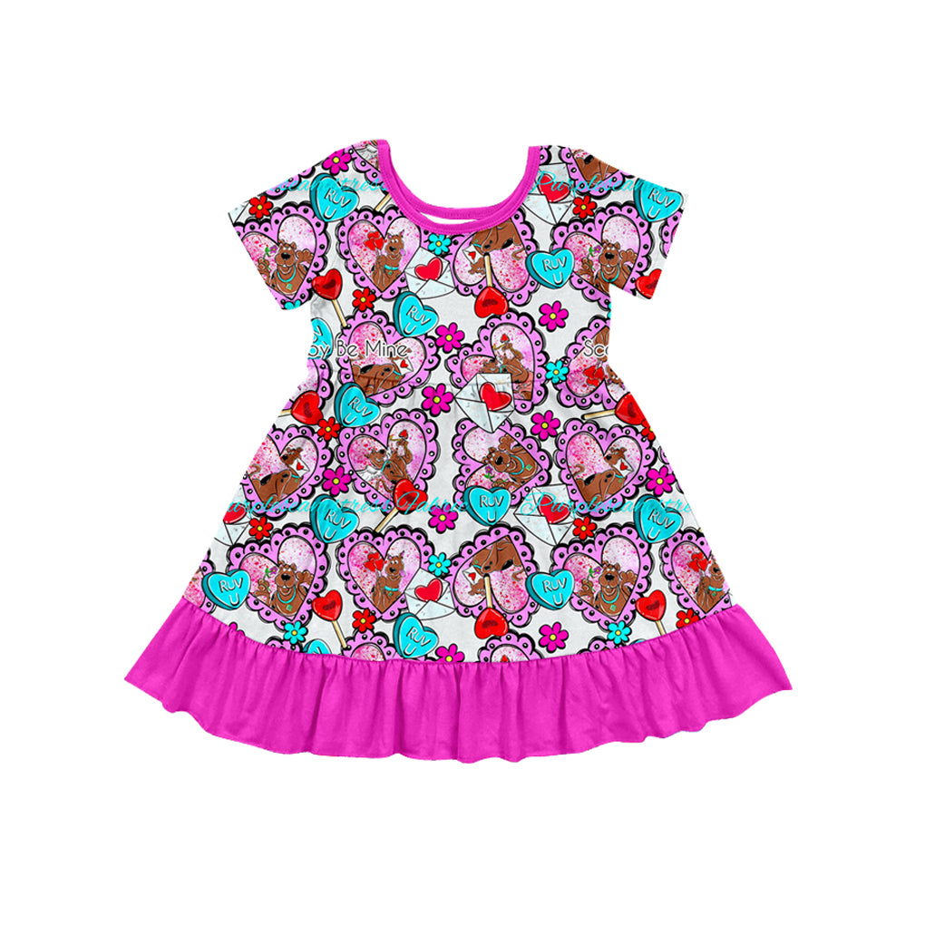 (Custom Design Preorder MOQ 5) Cartoon Dog Heart Pink Print Girls Valentine's Day Knee Length Dress