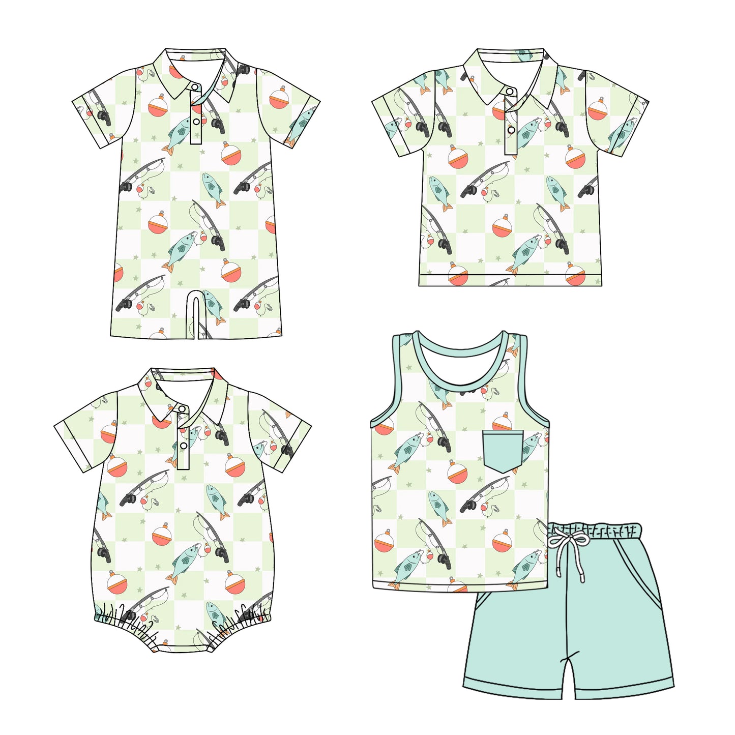 3.10(Custom Design Preorder MOQ 5 Each Design) Fishing Print Boys Summer Matching Clothes Brothers Wear