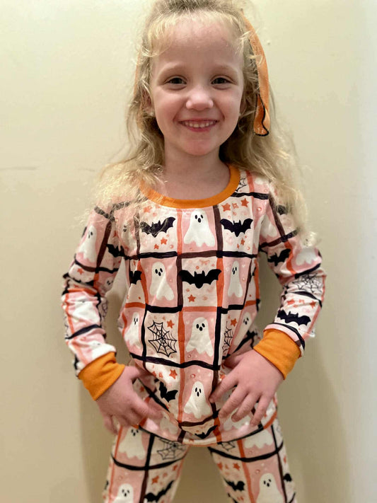 GLP2682 Spooky Bat Plaid Print Girls Halloween Pajamas Clothes Set