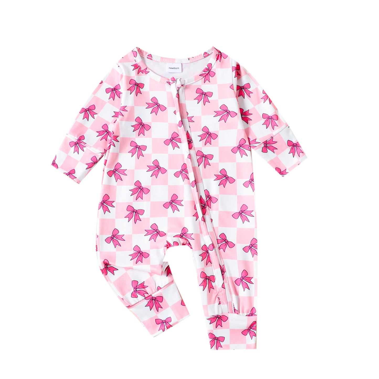 (Custom Design Preorder MOQ 20) Pink Bows Plaid Print Baby Girls Bamboo Sleeper Zipper Romper