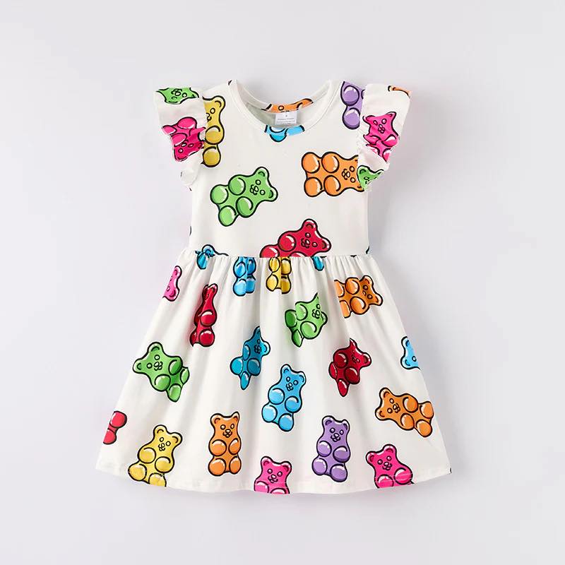 (Custom Design Preorder MOQ 5) Colorful Bear Print Girls Summer Knee Length Dress