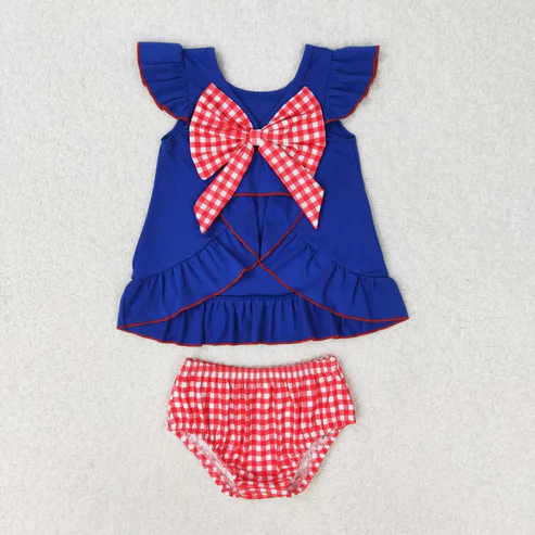 Flags Embroidery Red Stripes Print Sibling 4th of July Matching Clothes