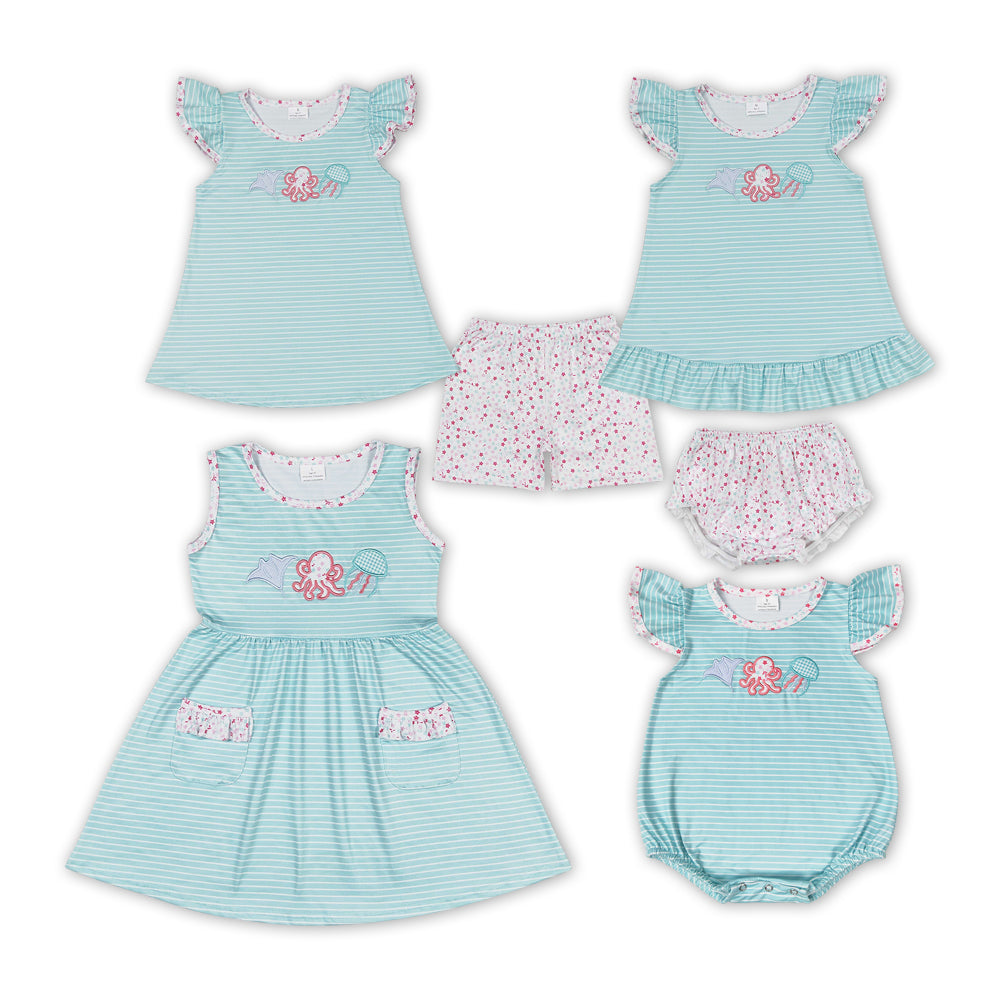 Fish Octopus Jellyfish Embroidery Stripes Print Sisters Summer Matching Clothes