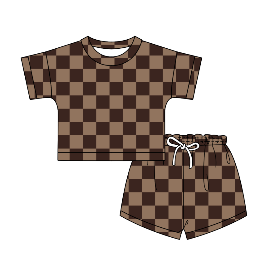 (Custom Design Preorder MOQ 5) Brown Plaid Print Shorts Girls Summer Clothes Set