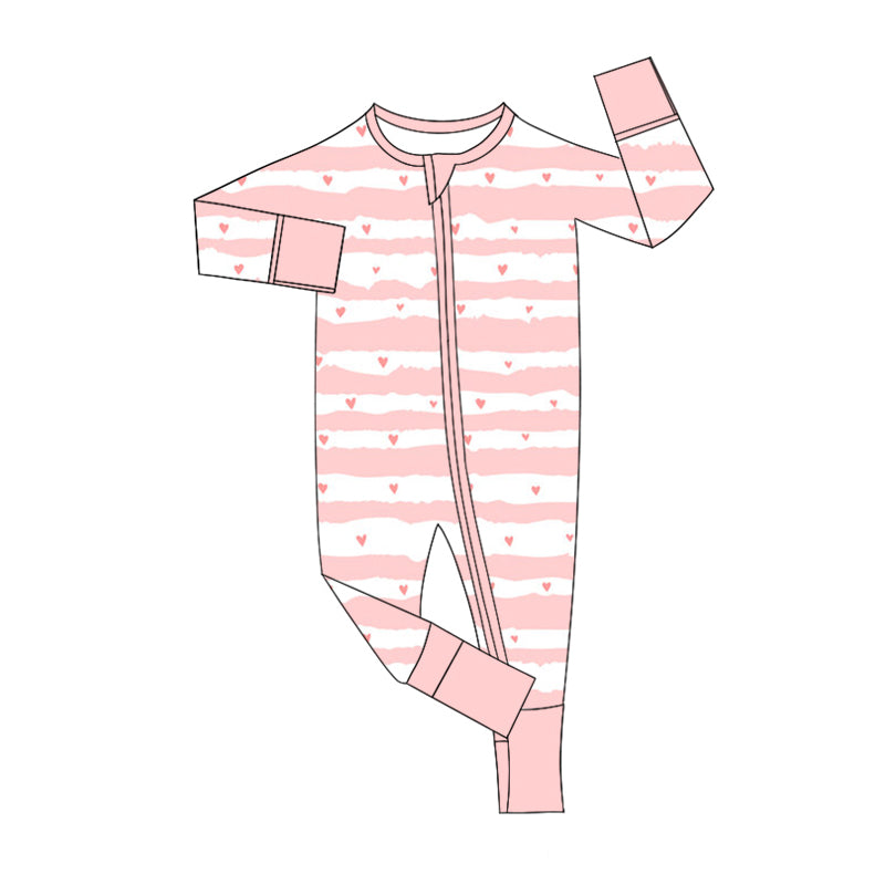 (Custom Design Preorder MOQ 20) Heart Pink Print Baby Girls Valentine's Day Bamboo Sleeper Zipper Romper