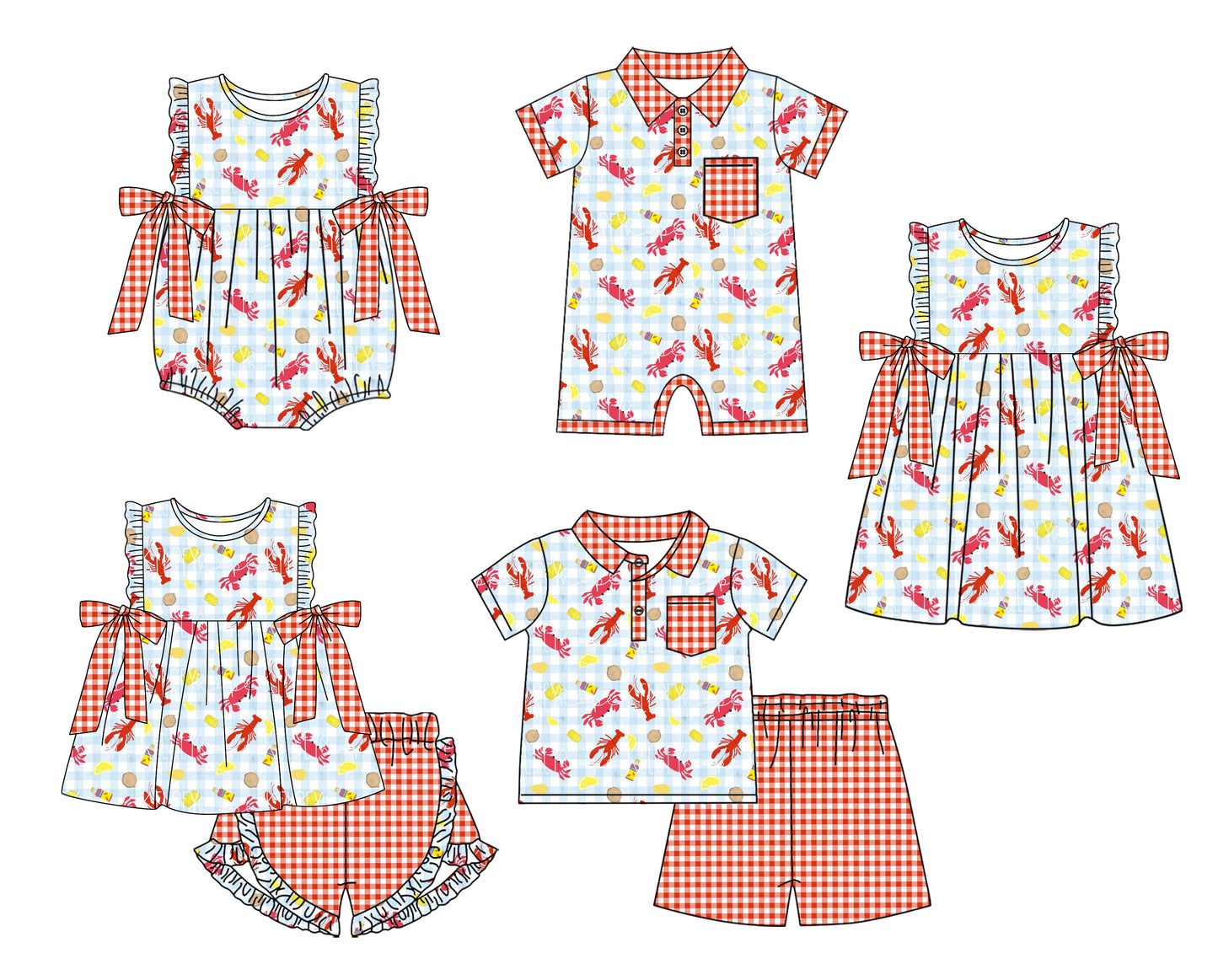 11.29(Custom Design Preorder MOQ 5 Each Design) Crayfish Print Kids Summer Matching Clothes Sibling Wear