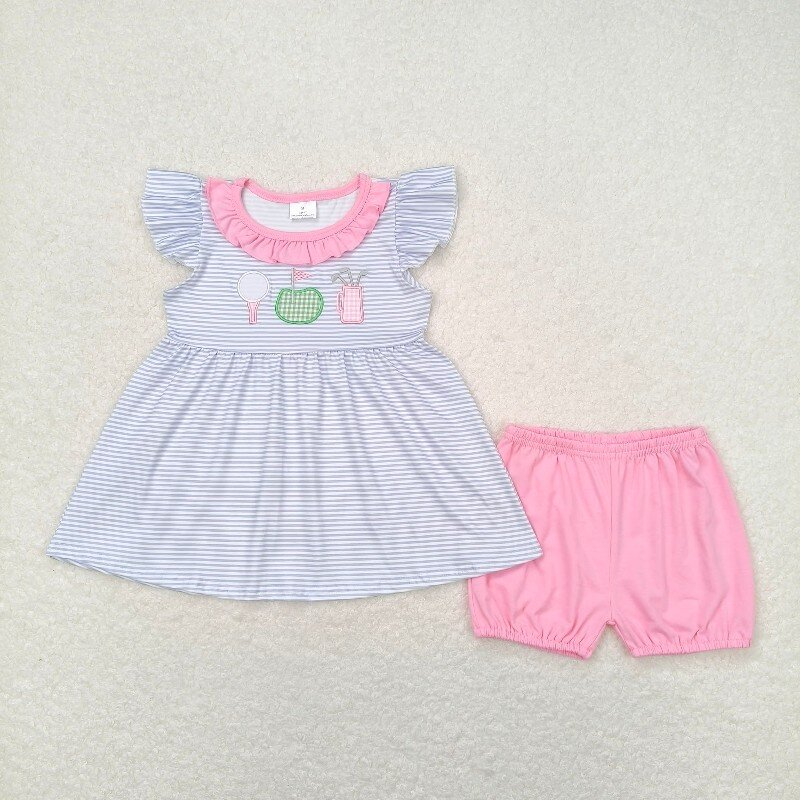 Golf Embroidery Stripes Print Sibling Summer Matching Clothes