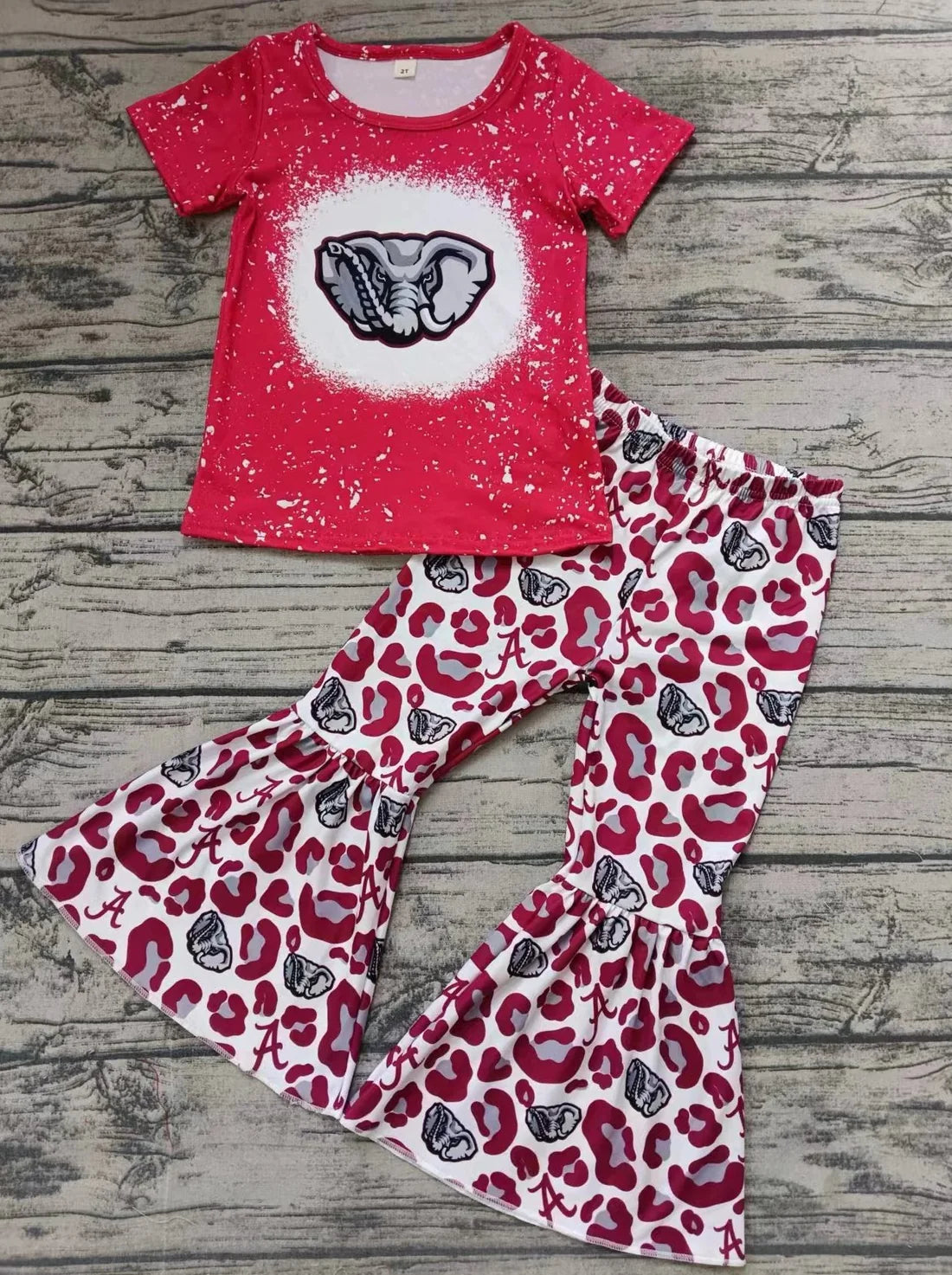 (Custom Design Preorder MOQ 5) Team's Alabama Print Leopard Bell Pants Girls Clothes Set