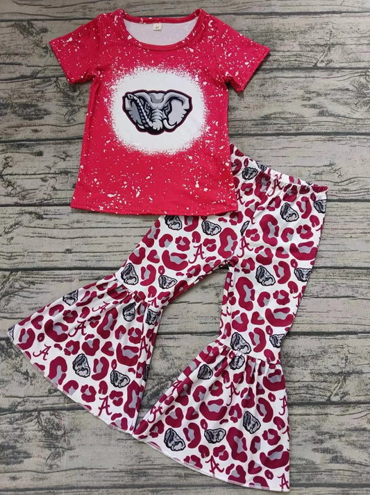 (Custom Design Preorder MOQ 5) Team's Alabama Print Leopard Bell Pants Girls Clothes Set