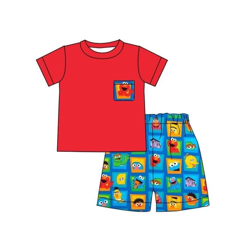 (Custom Design Preorder MOQ 5) Red Pocket Top Cartoon Street Teacher Shorts Boys Summer Clothes Set