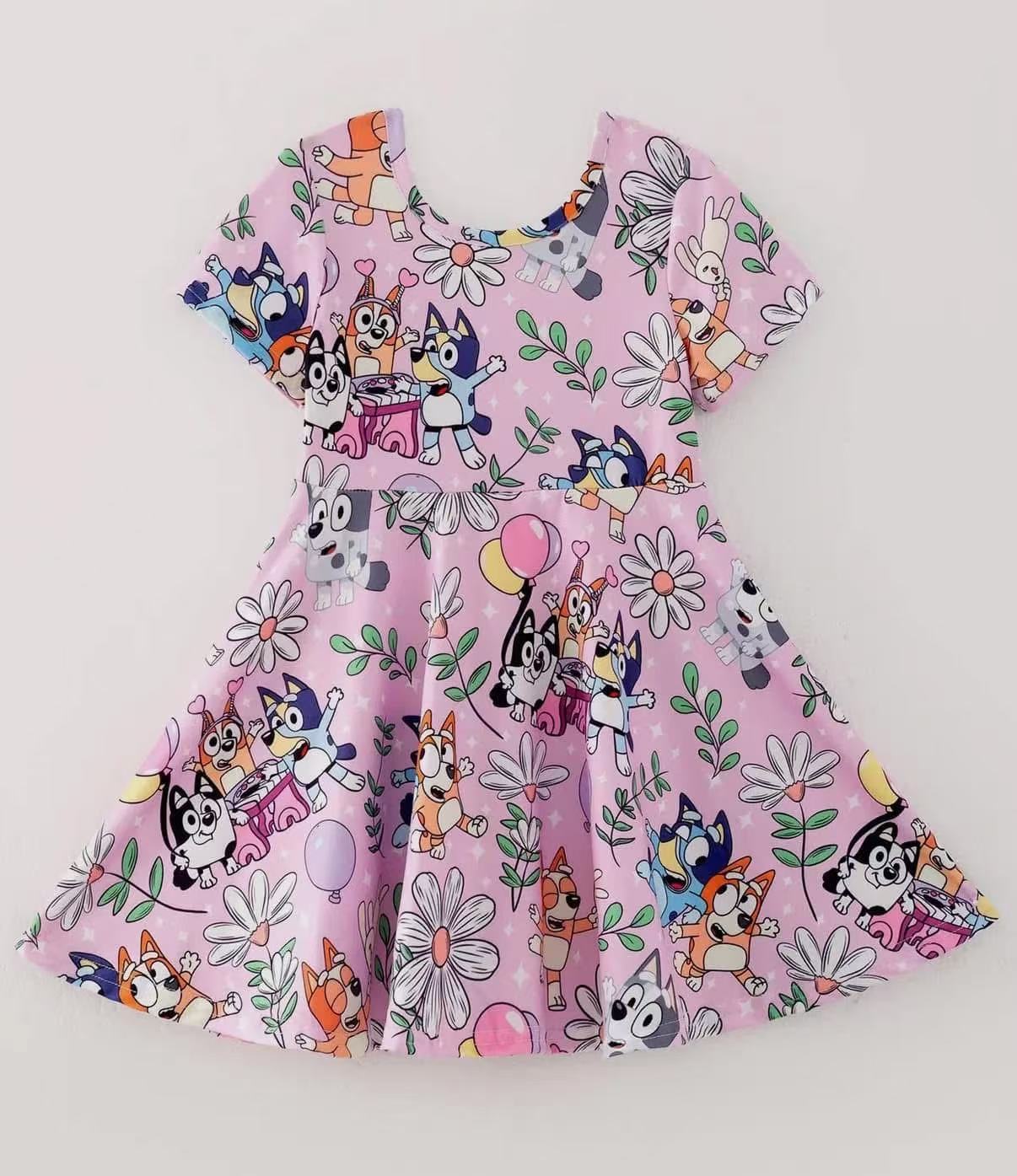 (Custom Design Preorder MOQ 5) Cartoon Dog Flowers Print Girls Knee Length Summer Dress