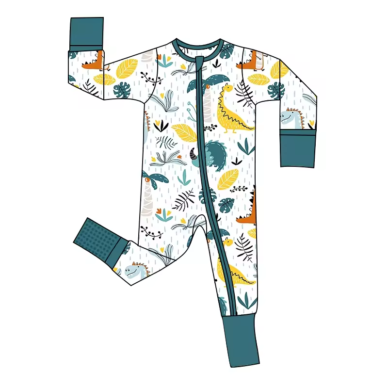 (Custom Design Preorder MOQ 5) Dino Print Baby Boys Bamboo Sleeper Zipper Romper