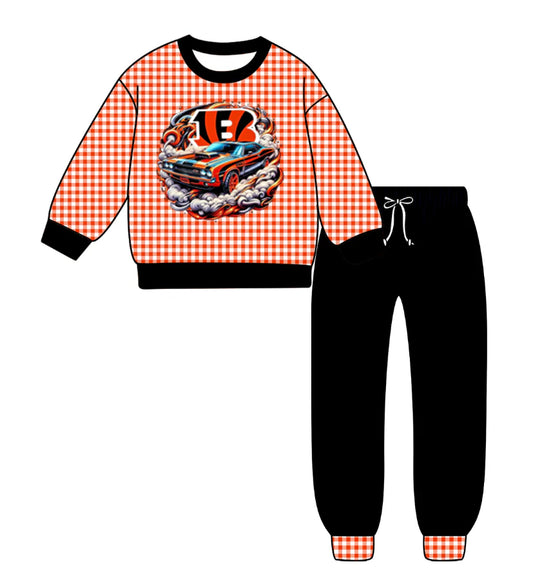(Custom Design Preorder MOQ 5) Team's Tigers B Plaid Print Black Pants Kids Fall Clothes Set