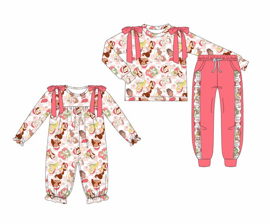 8.1(Custom Design Preorder MOQ 5 Each Design) Cartoon Princess Pink Print Girls Christmas Matching Clothes Sisters Wear