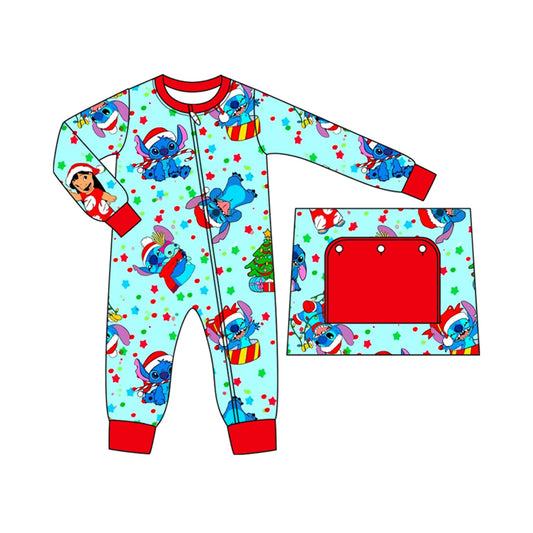 (Custom Design Preorder MOQ 20)  Cartoon Blue Animals Print Baby Boys Bamboo Christmas Sleeper Zipper Romper