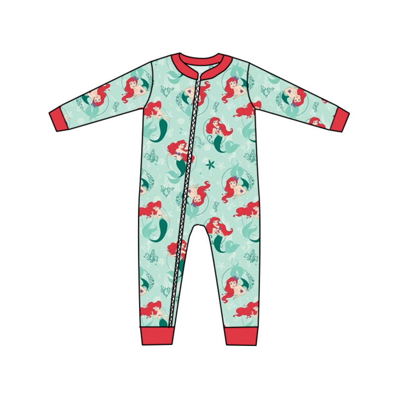 (Custom Design MOQ 5) Cartoon mermaid princess baby girls zipper romper