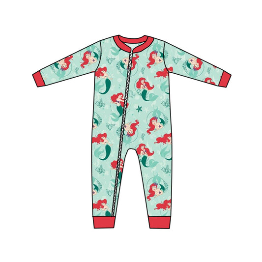(Custom Design MOQ 5) Cartoon mermaid princess baby girls zipper romper